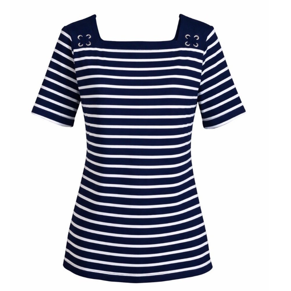 𝅺RALPH Lauren Chaps Top Navy Blue/White Stripes Pullover NWT Shoulder Nautical